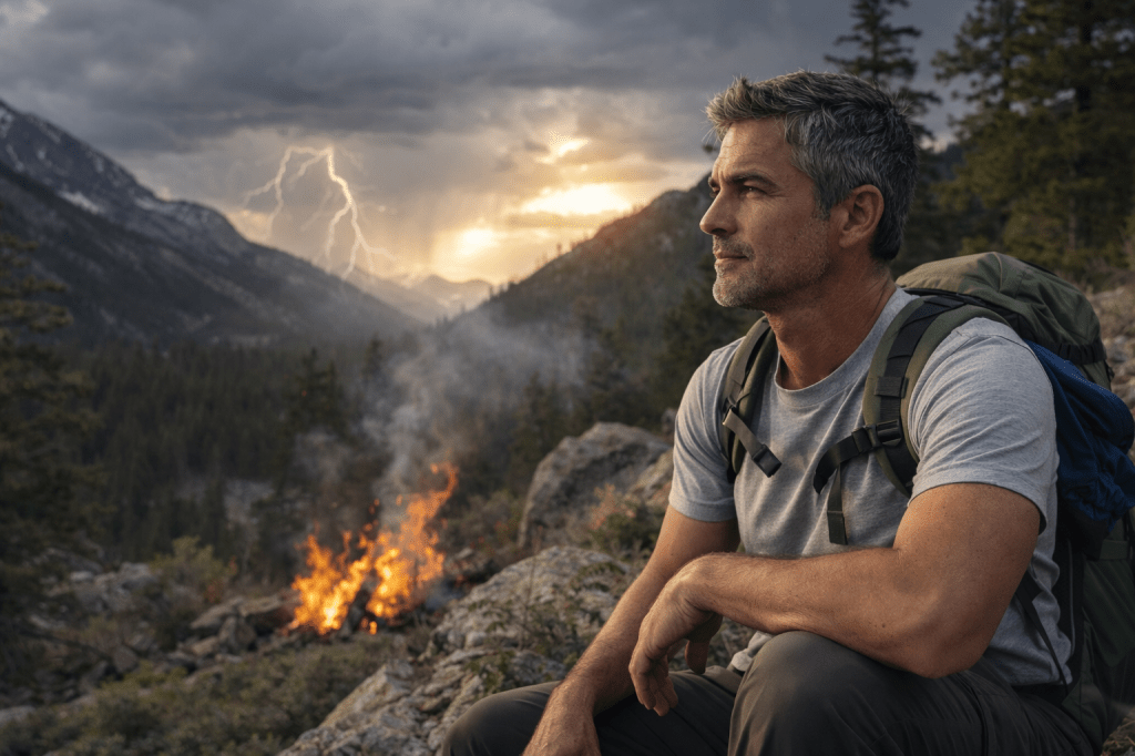 Man sitting near campfire with mountains, lightning, and forest in background